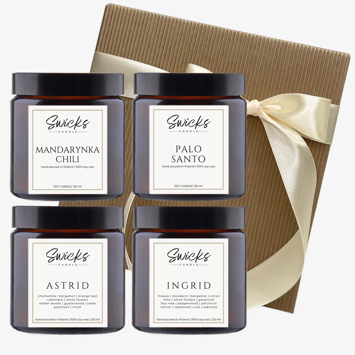 Zestaw świec 4x120ml | dowolny zapach | brązowe pudełko