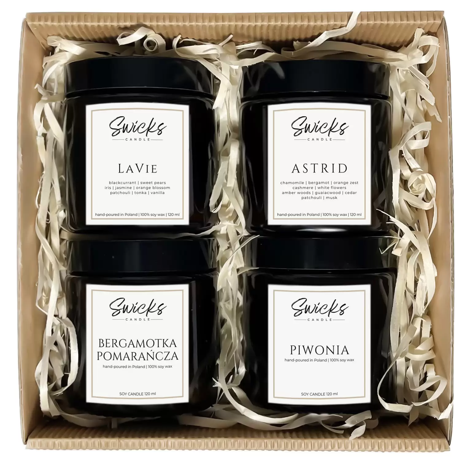 Zestaw świec 4x120ml | dowolny zapach | brązowe pudełko