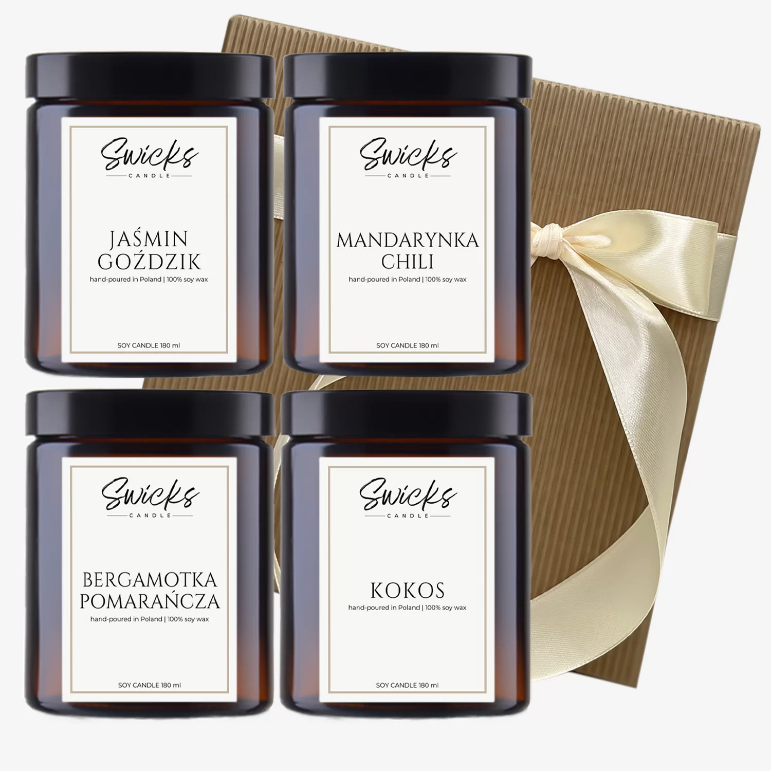 Zestaw świec 4x180ml | dowolny zapach | brązowe pudełko