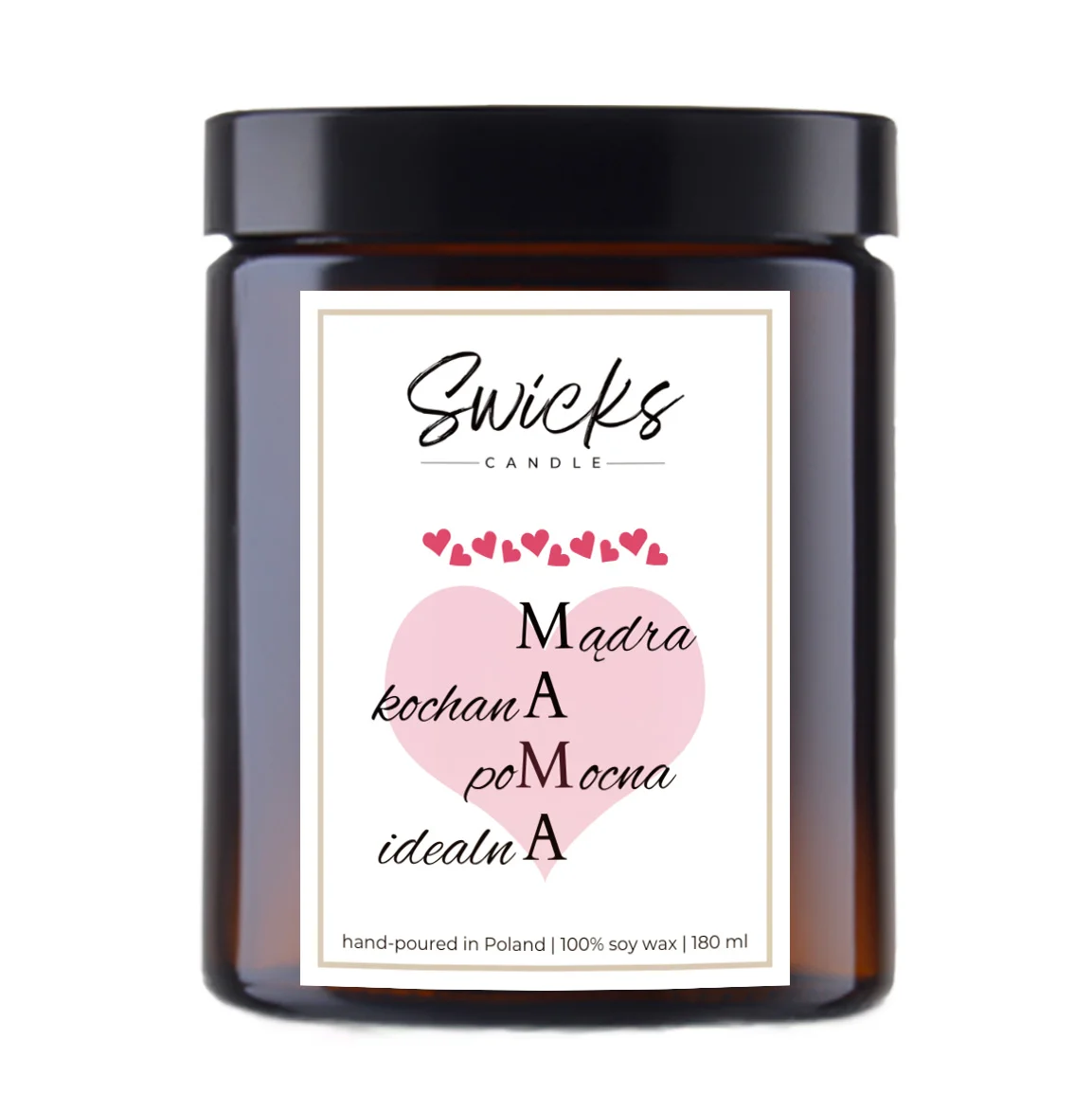 Świeca sojowa z napisem MAMA- mądra, kochana, pomocna, idealna 180 ml
