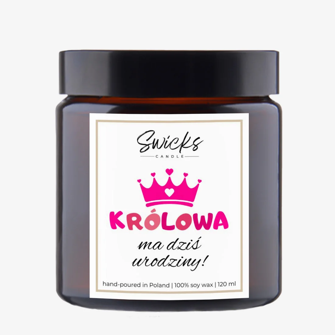 Świeca sojowa z napisem KRÓLOWA MA DZIŚ URODZINY 120 ml w pudełku | dowolny zapach