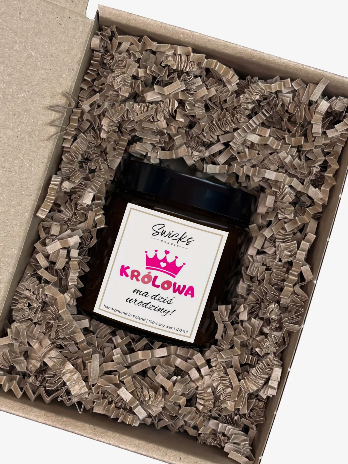 Świeca sojowa z napisem KRÓLOWA MA DZIŚ URODZINY 120 ml w pudełku | dowolny zapach