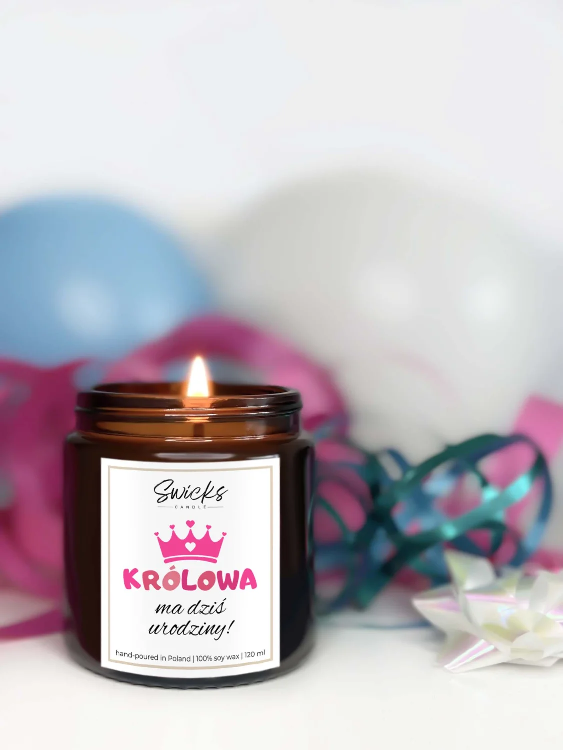 Świeca sojowa z napisem KRÓLOWA MA DZIŚ URODZINY 120 ml w pudełku | dowolny zapach