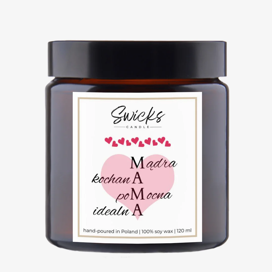Świeca sojowa z napisem MAMA- mądra, kochana, pomocna, idealna 120 ml w pudełku | dowolny zapach