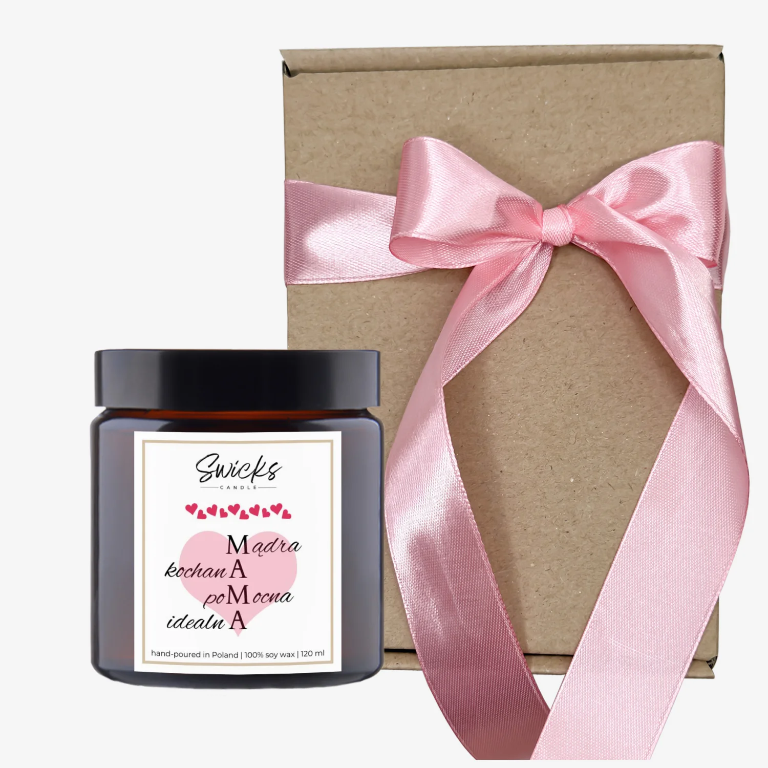 Świeca sojowa z napisem MAMA- mądra, kochana, pomocna, idealna 120 ml w pudełku | dowolny zapach