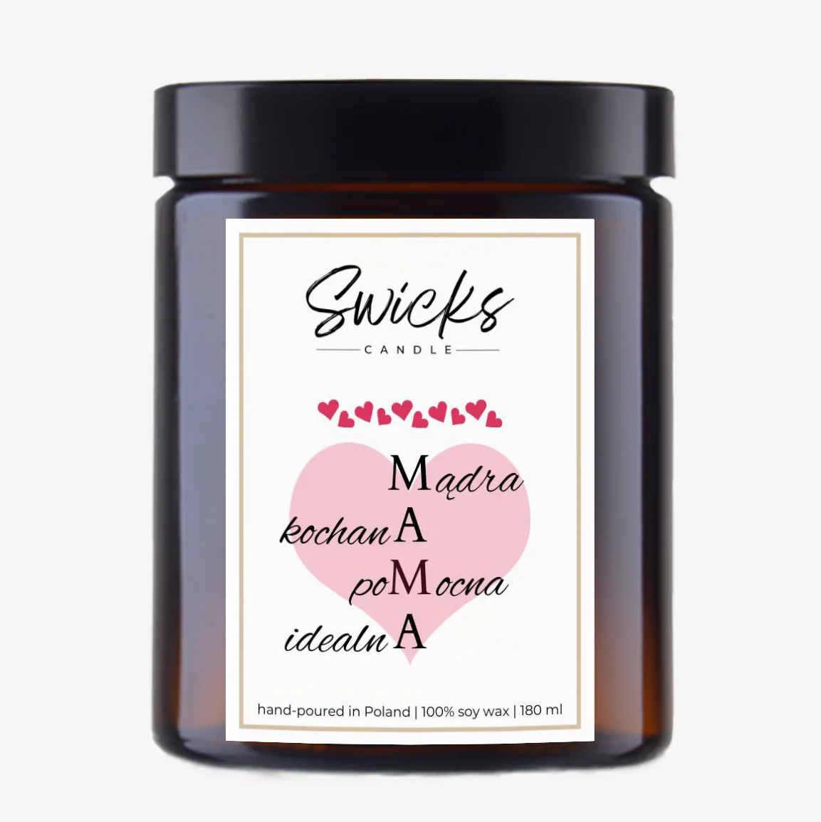 Świeca sojowa z napisem MAMA- mądra, kochana, pomocna, idealna 180 ml w pudełku | dowolny zapach