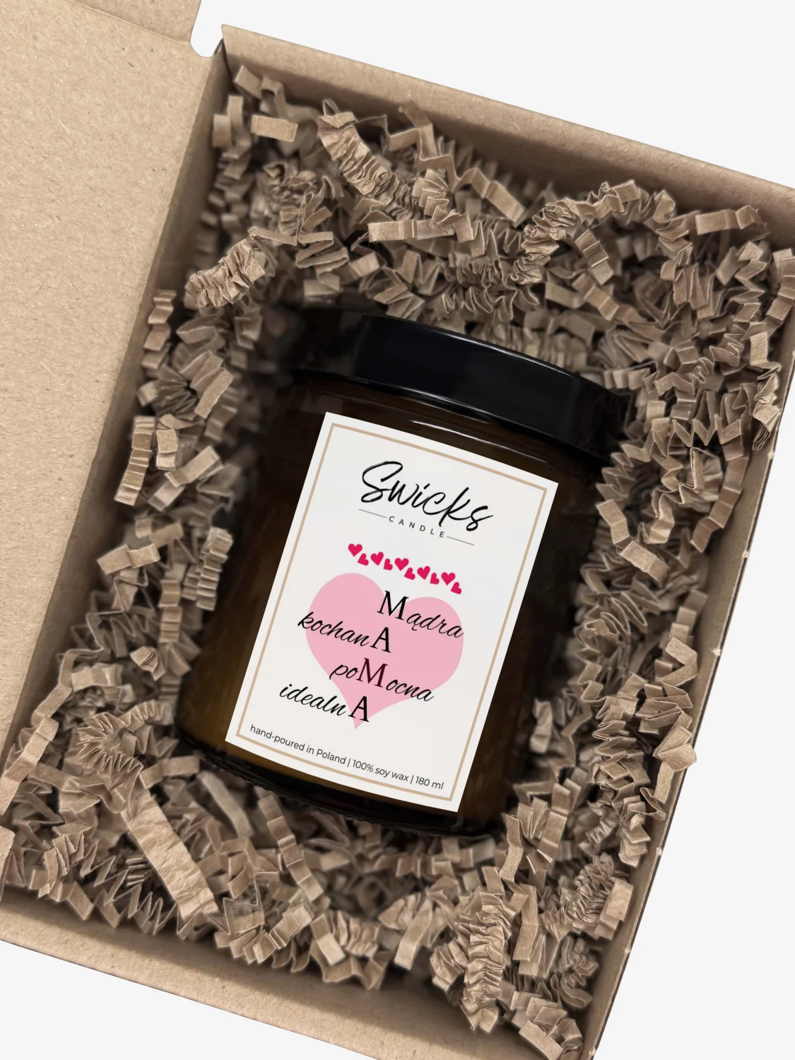 Świeca sojowa z napisem MAMA- mądra, kochana, pomocna, idealna 180 ml w pudełku | dowolny zapach