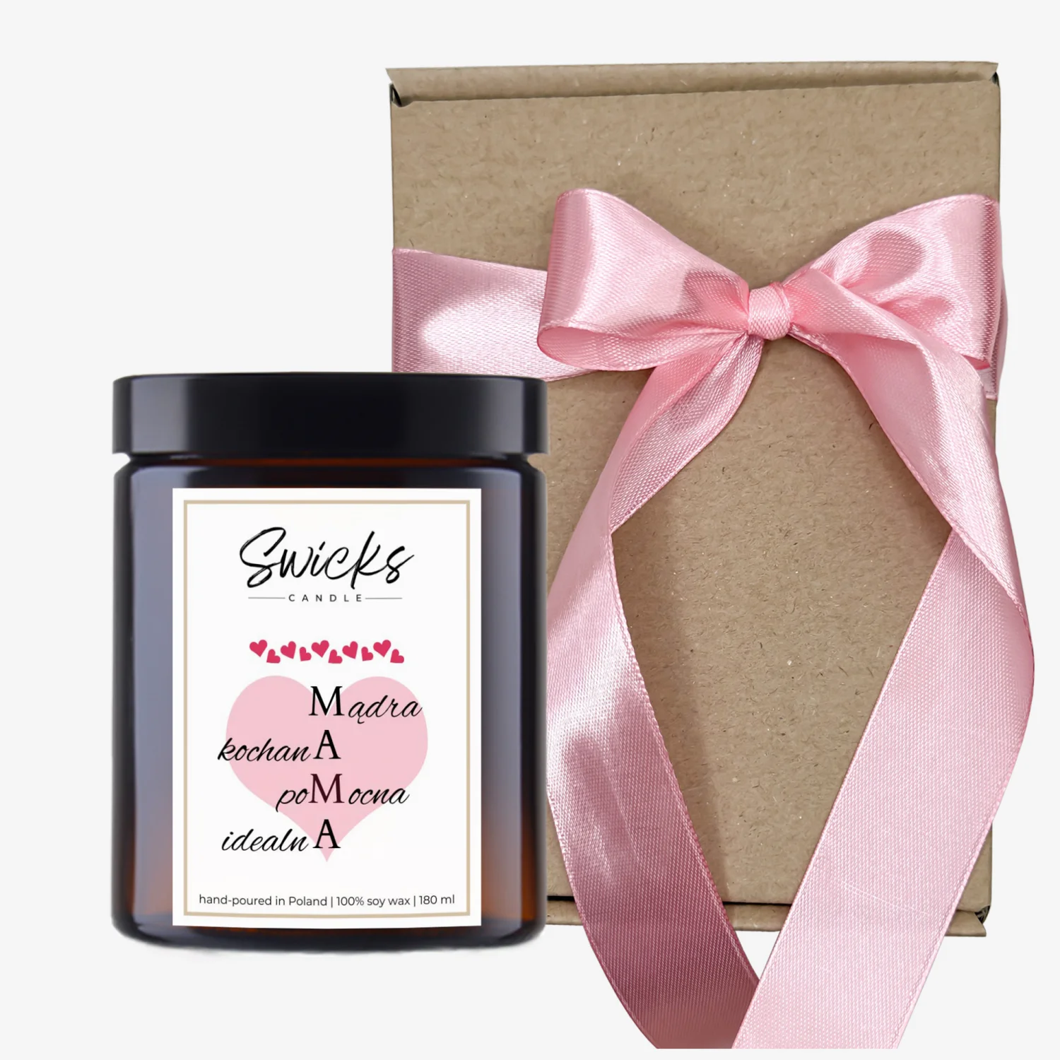Świeca sojowa z napisem MAMA- mądra, kochana, pomocna, idealna 180 ml w pudełku | dowolny zapach